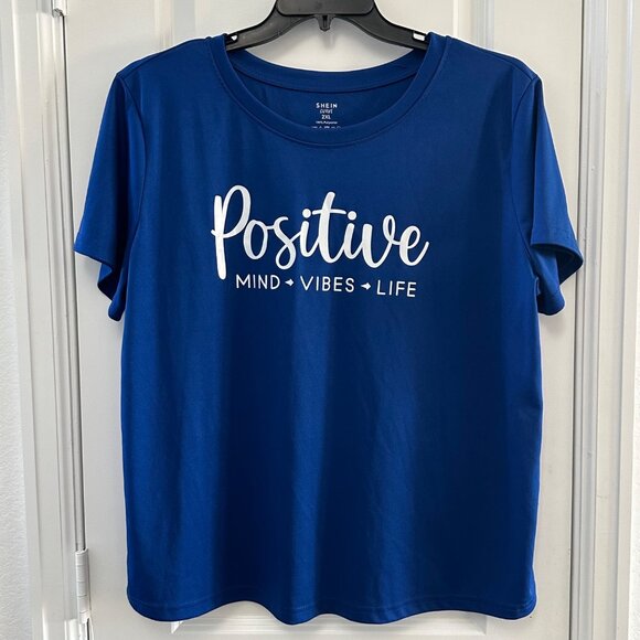 Positive Vibes Graphic Blue T-Shirt Shein Curve 2XL Polyester Womens Casual Roun - Picture 1 of 4